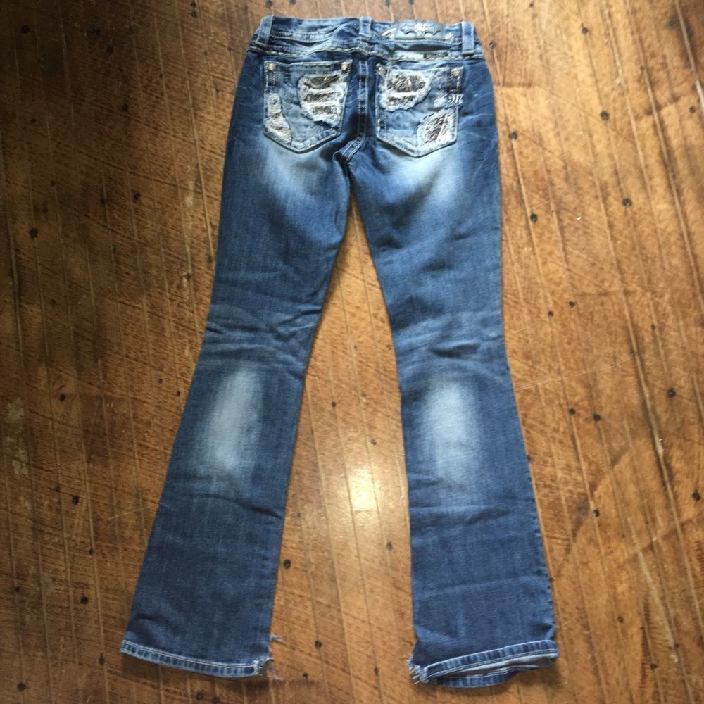 Miss Me 27 shimmery blingy patch western boot cut distressed jeans